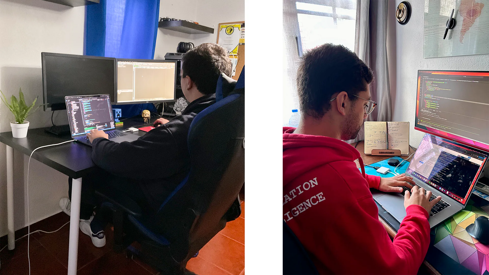 Software developer working from home at a desk with multiple monitors displaying code and development tools.