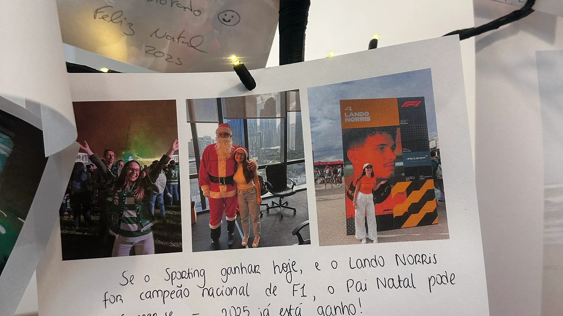 Close-up of the lit Christmas tree branches with personal photos attached as festive decorations.