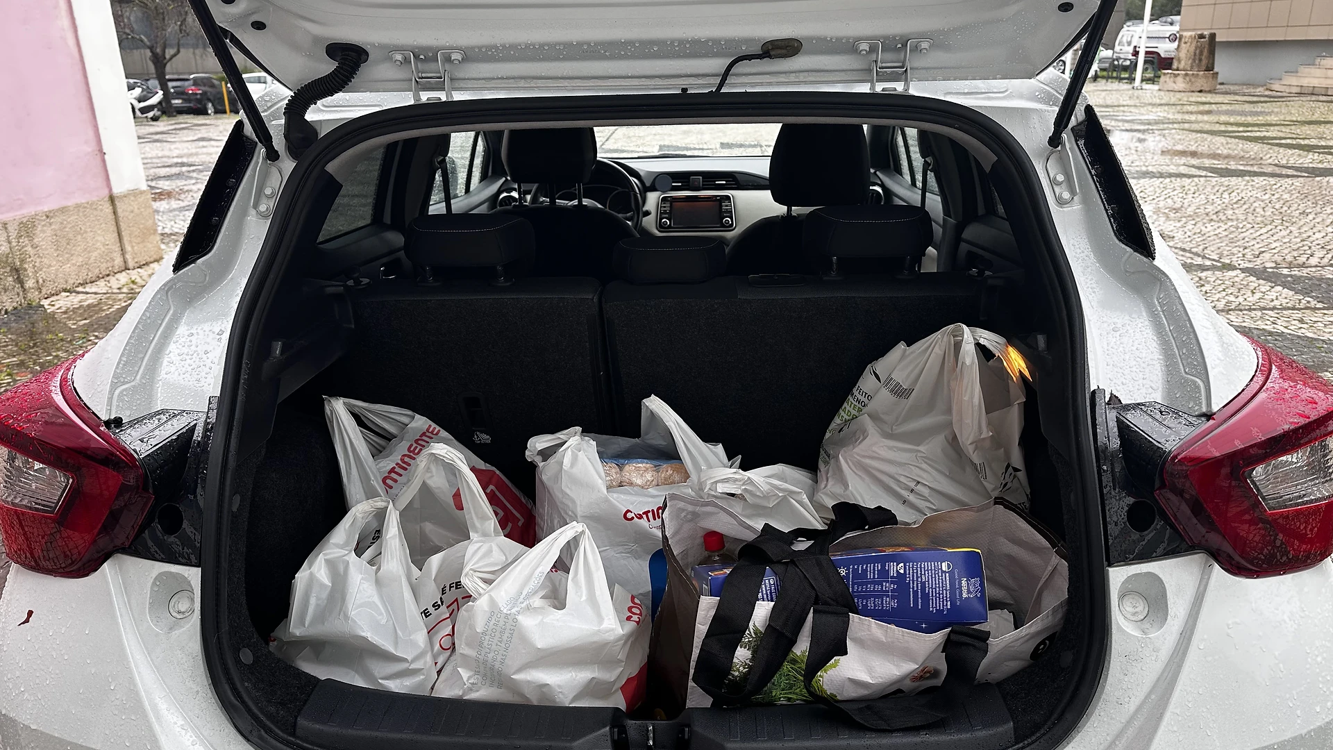 Several printed photos clipped to the Christmas tree branches, including a holiday message wishing a Merry Christmas.