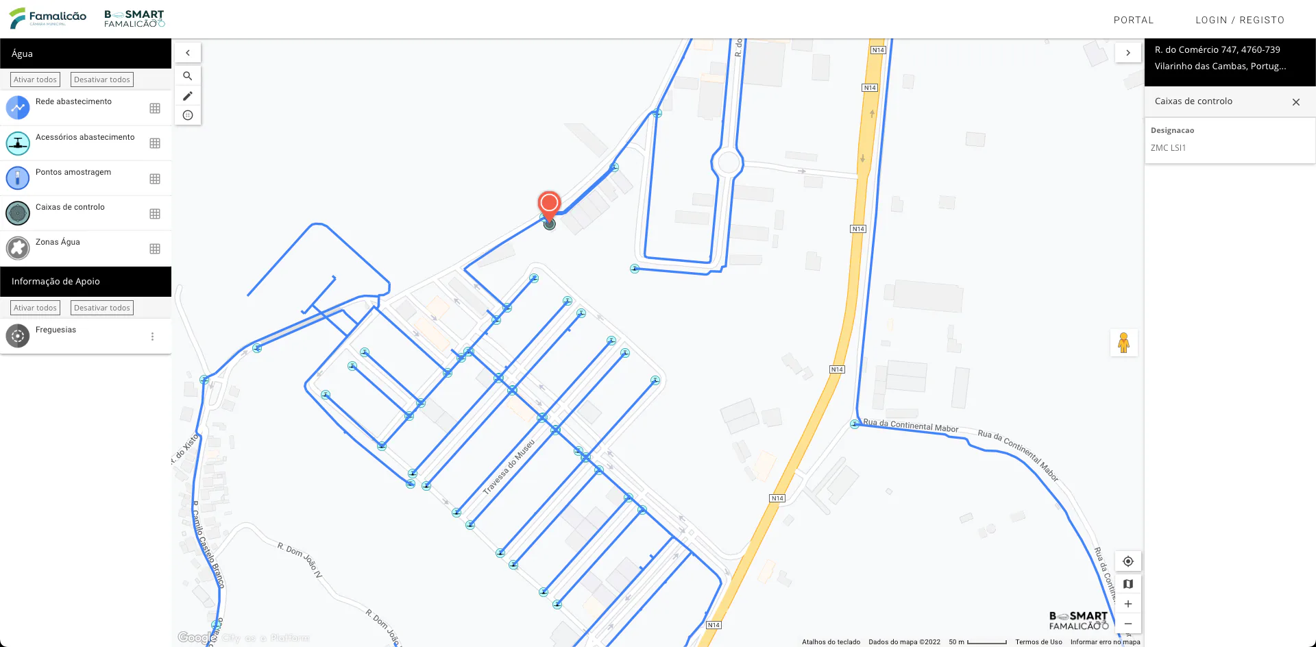 Digital map of Vila Nova de Famalicão displaying water supply infrastructure, including pipelines, control boxes, and sampling points.