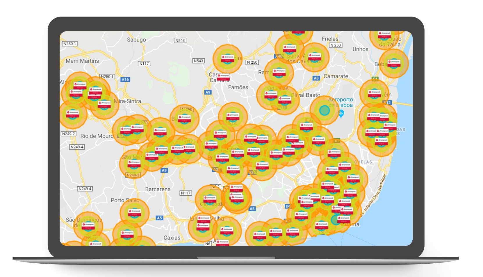 Interactive map displaying Chronopost service coverage around the Lisbon metropolitan area, marked with multiple location clusters and delivery points.
