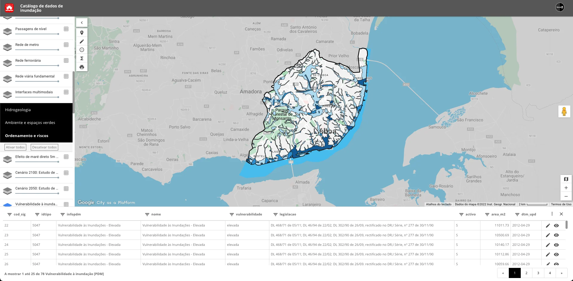 Lisbon flood vulnerability map highlighting high-risk zones, accompanied by a data table listing vulnerability classification and legal references.