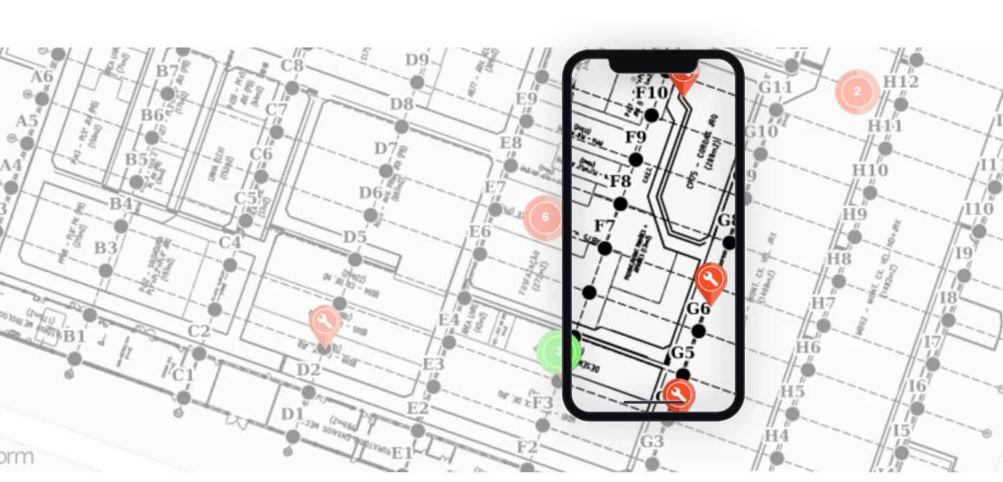Smartphone displaying utility network data points over a technical infrastructure map with location pins and asset markers.